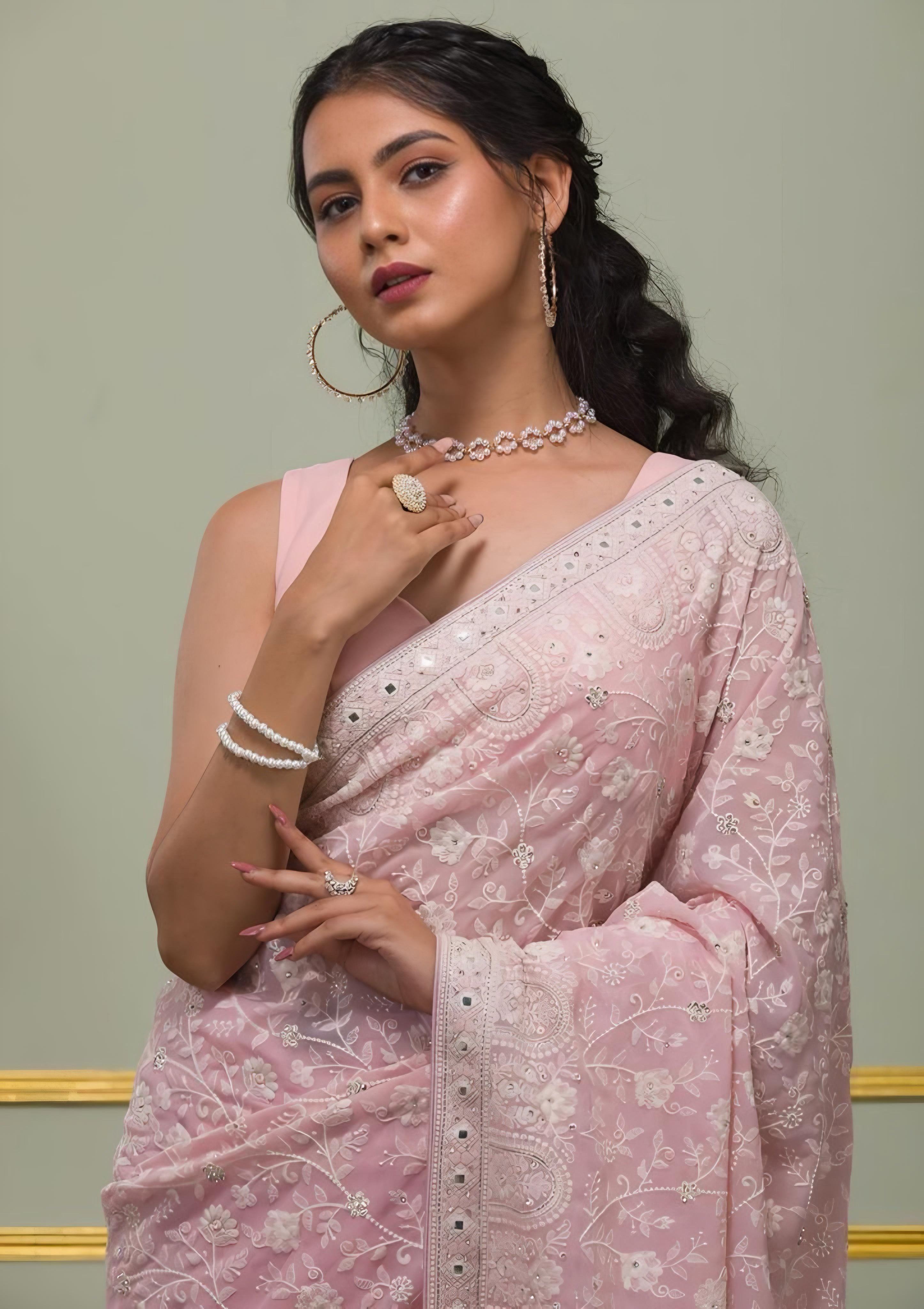 Elegant Baby Pink Chikankari Embroidered Saree with Sequin Detailing