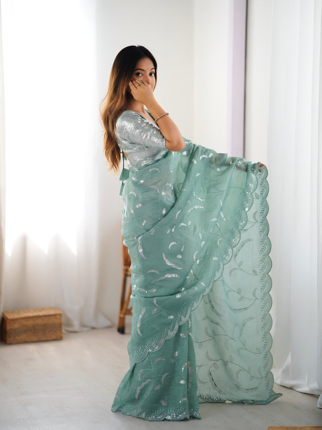 Mint Green Embroidered Organza Saree with Scalloped Border