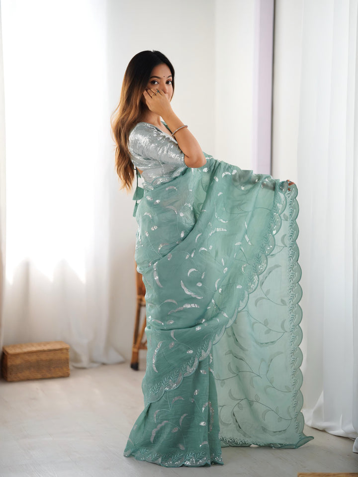 Mint Green Embroidered Organza Saree with Scalloped Border