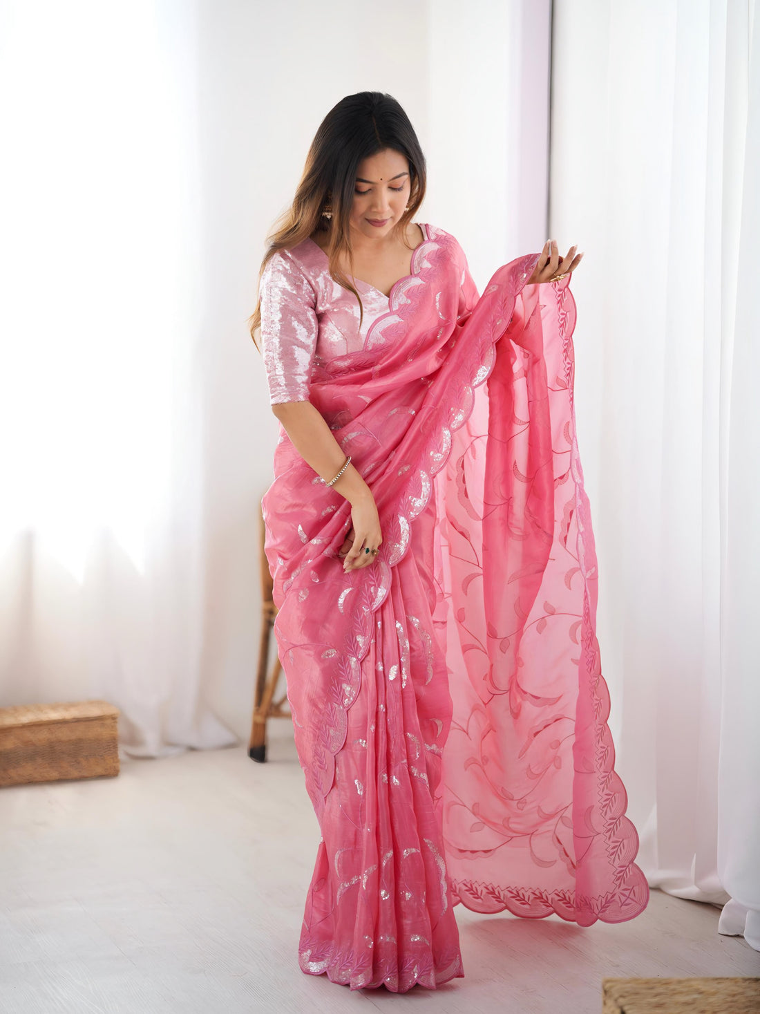 Hot Pink Embroidered Organza Saree with Scalloped Border