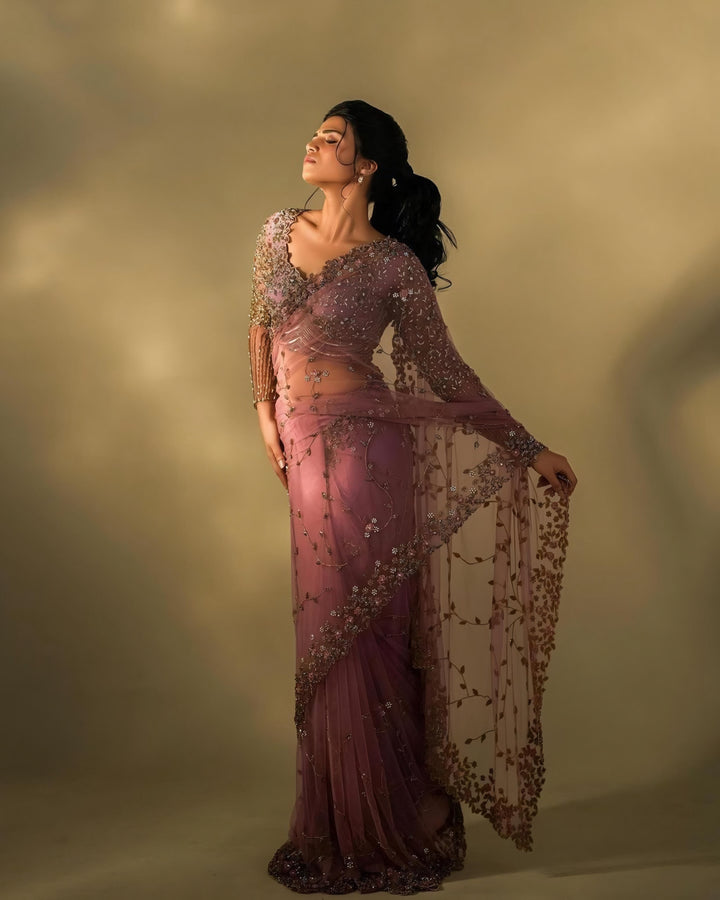 Dusty Mauve Net Saree with Hand-Embroidered Sequins & Floral Detailing