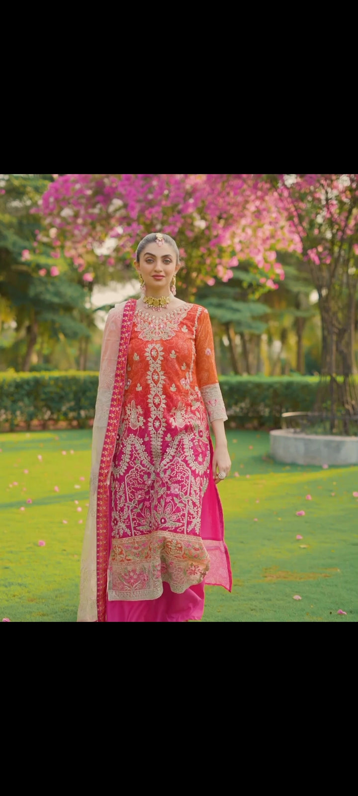 Zari Embroidered Orange & Pink Suit