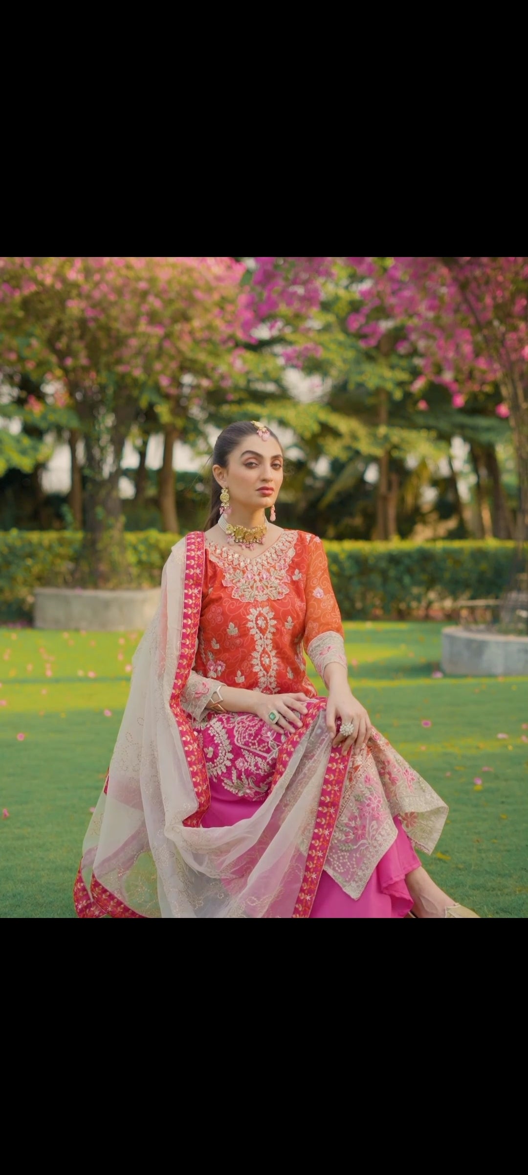 Zari Embroidered Orange & Pink Suit