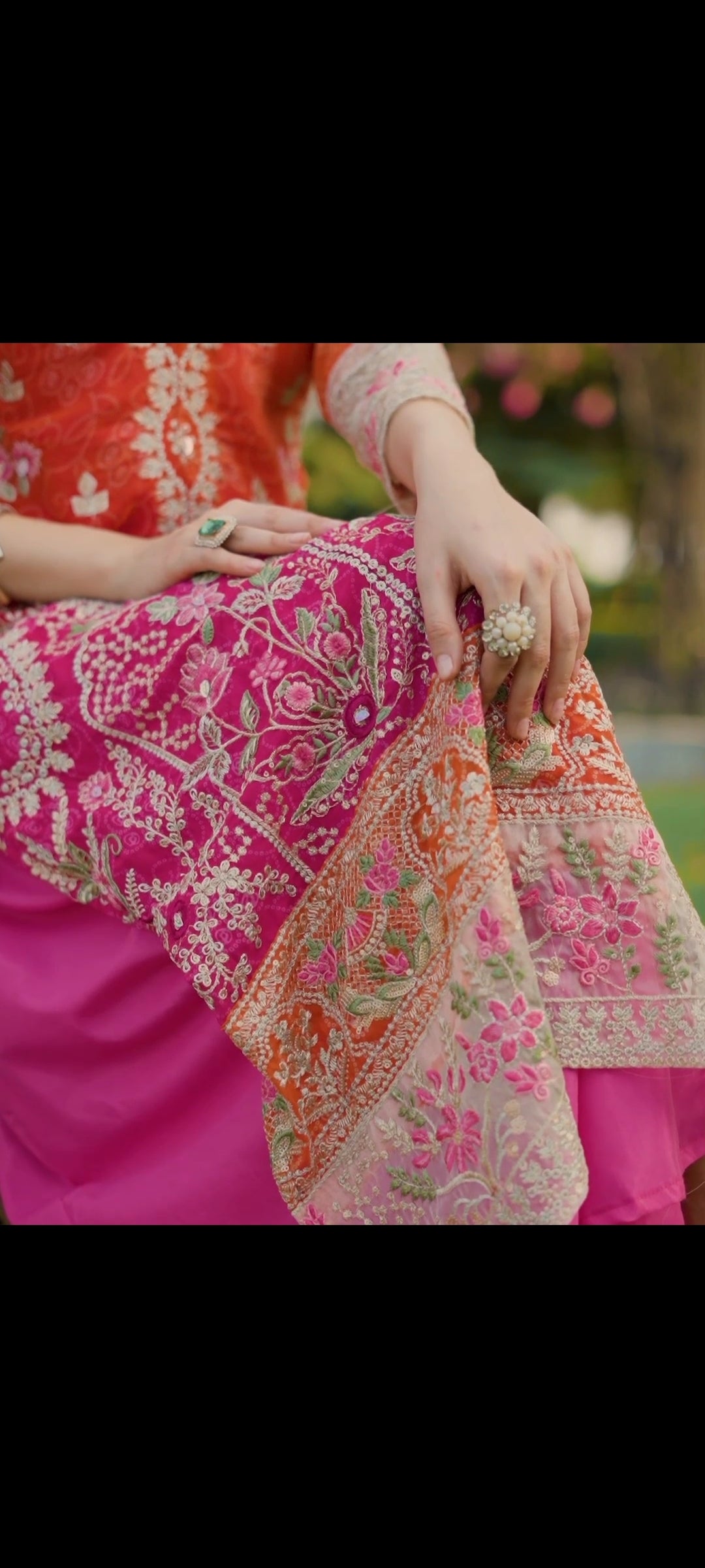 Zari Embroidered Orange & Pink Suit