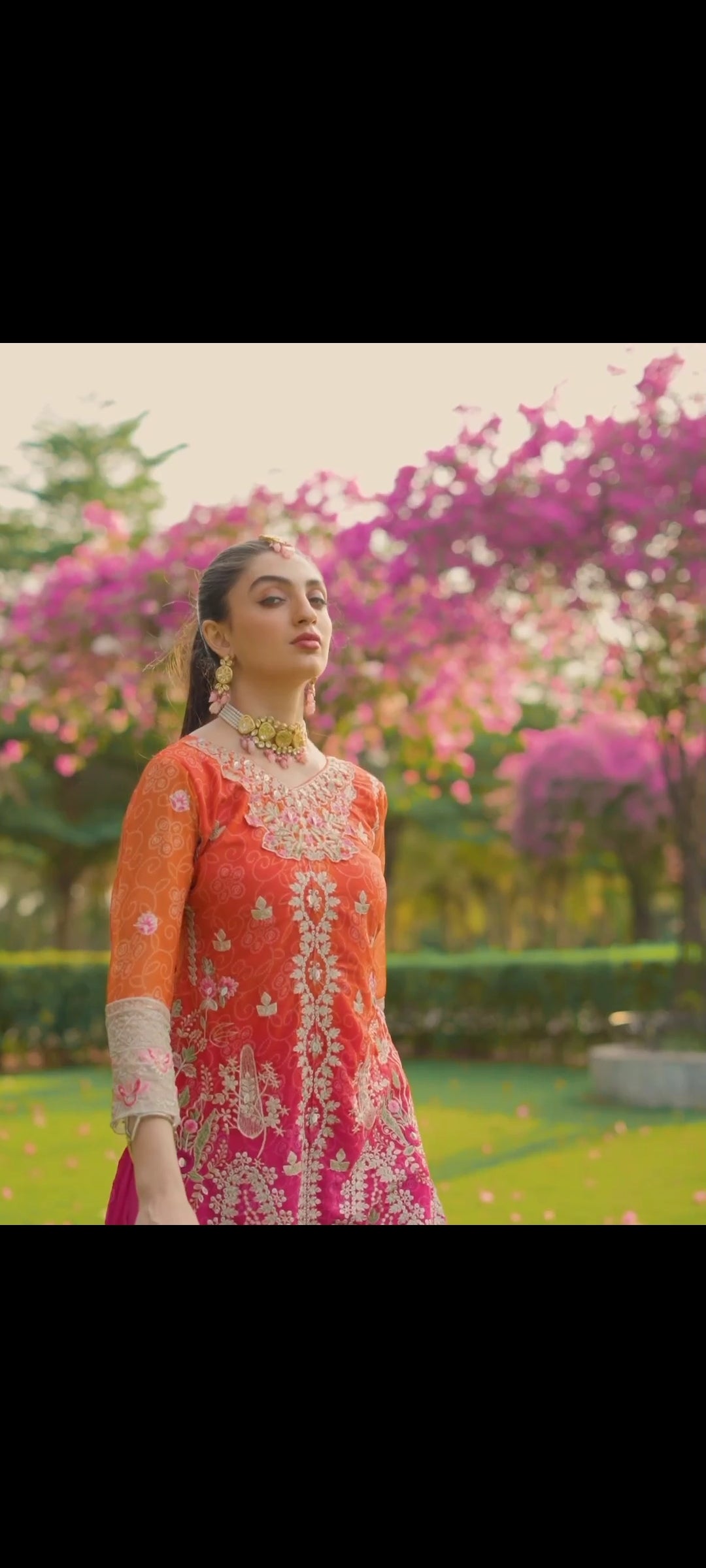 Zari Embroidered Orange & Pink Suit