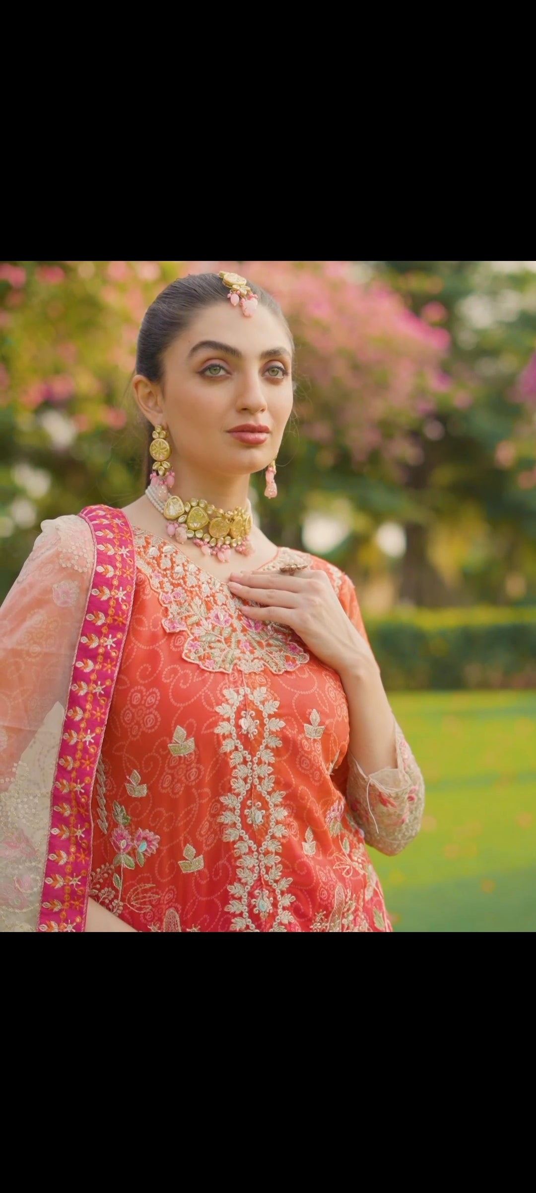Zari Embroidered Orange & Pink Suit