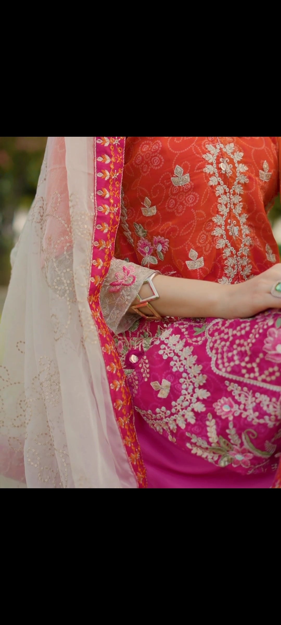 Zari Embroidered Orange & Pink Suit