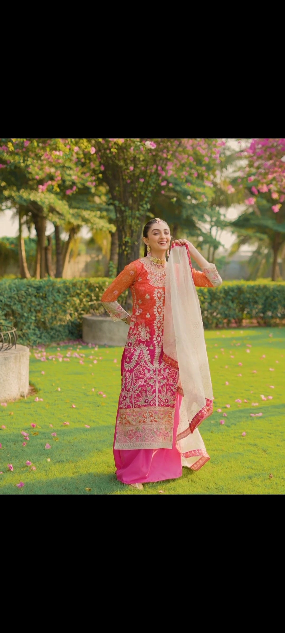 Zari Embroidered Orange & Pink Suit