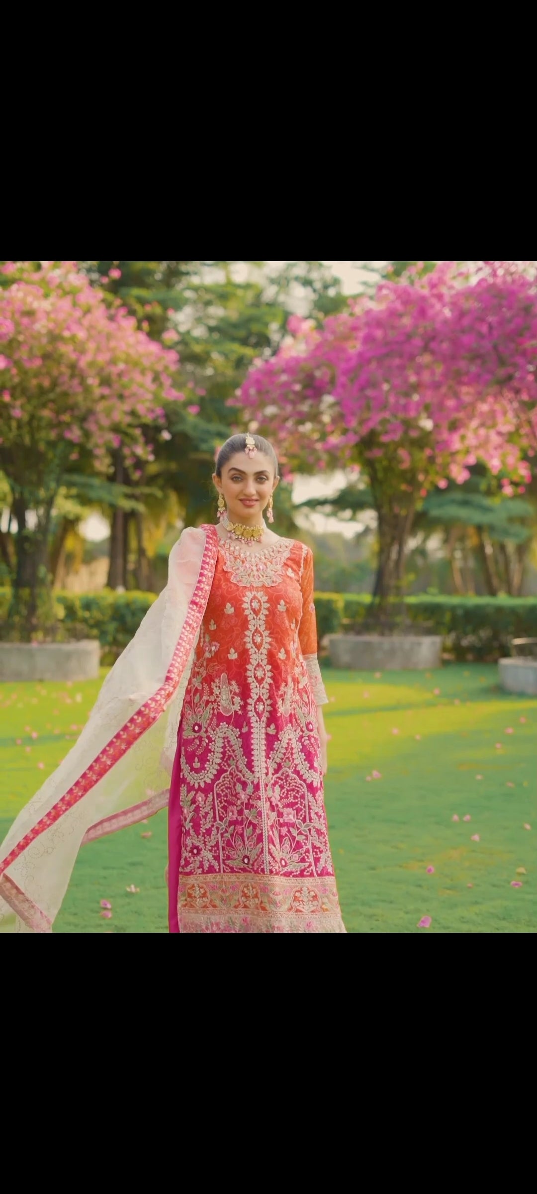 Zari Embroidered Orange & Pink Suit