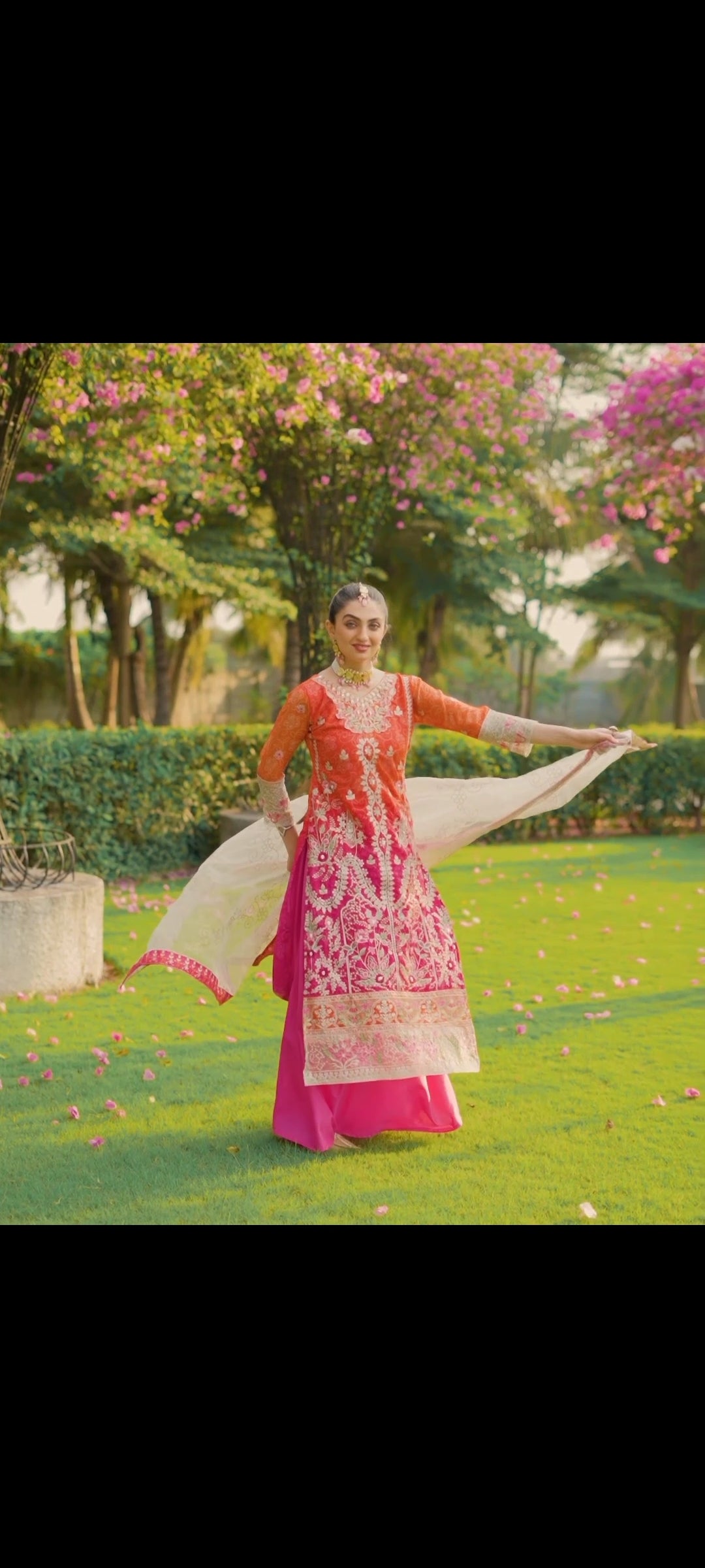 Zari Embroidered Orange & Pink Suit
