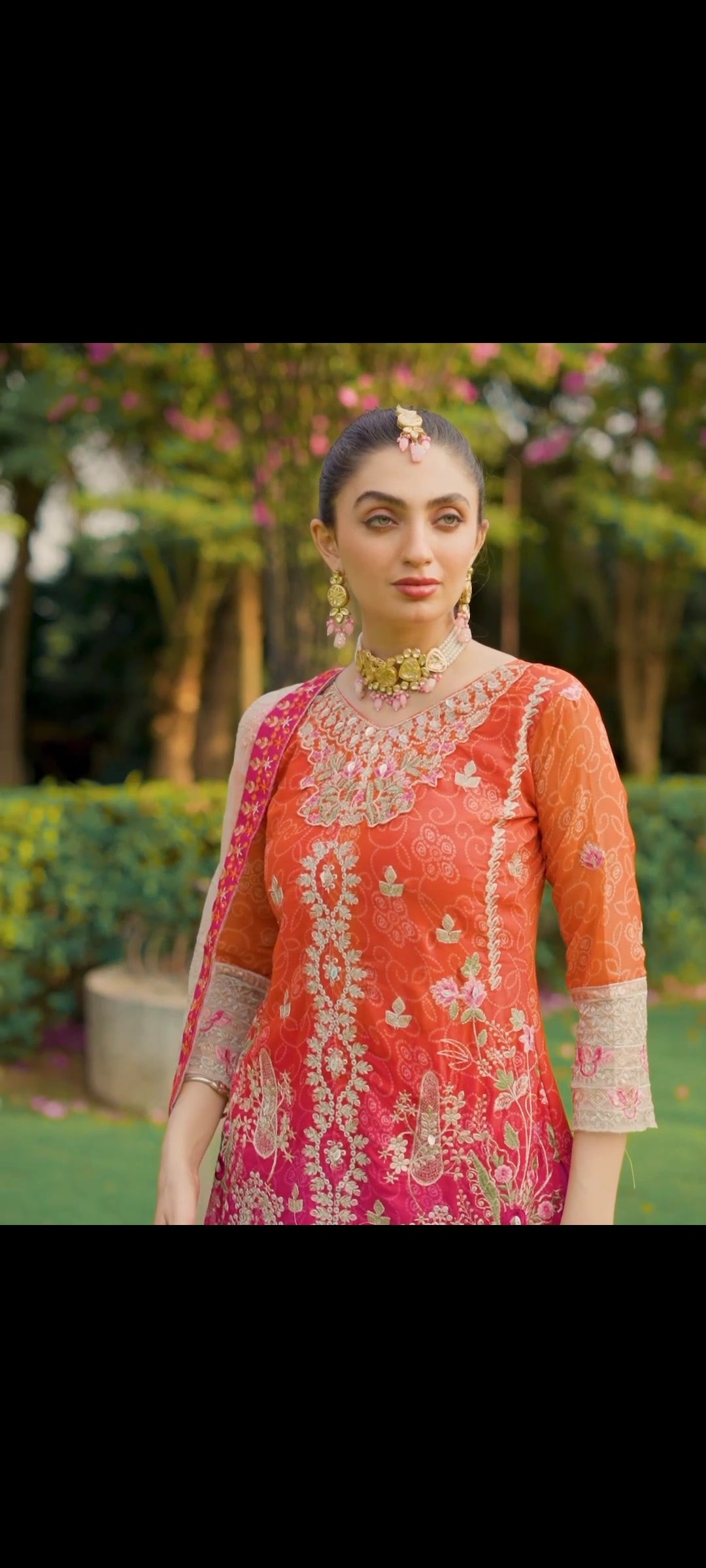 Zari Embroidered Orange & Pink Suit