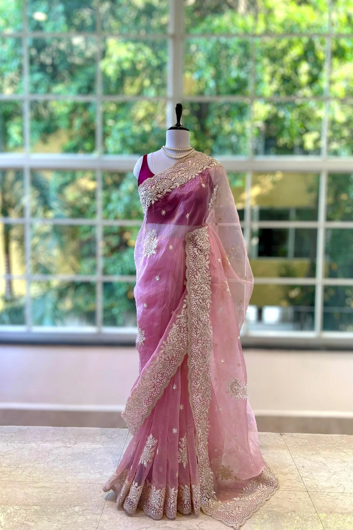 "Gulnaar Blush – Embroidered Net Organza Saree"