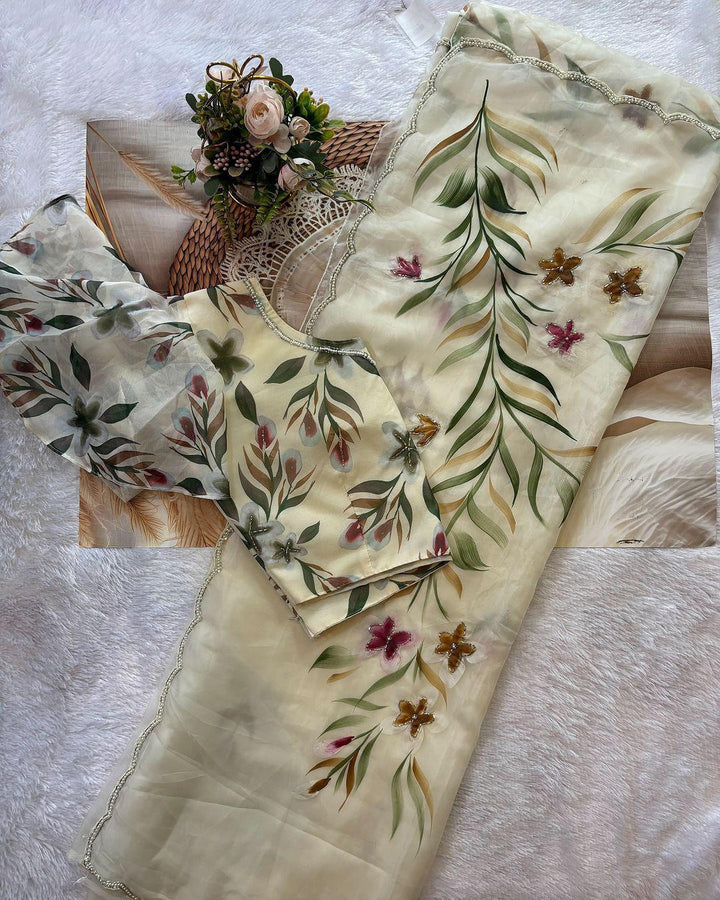 🌸 “Ivory Bloom” Hand-Painted Organza Saree